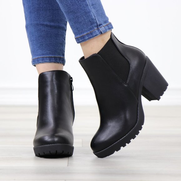Chelsea Chunky Block High Heel Ankle Boots Black Synthetic Leather - Picture 10 of 12